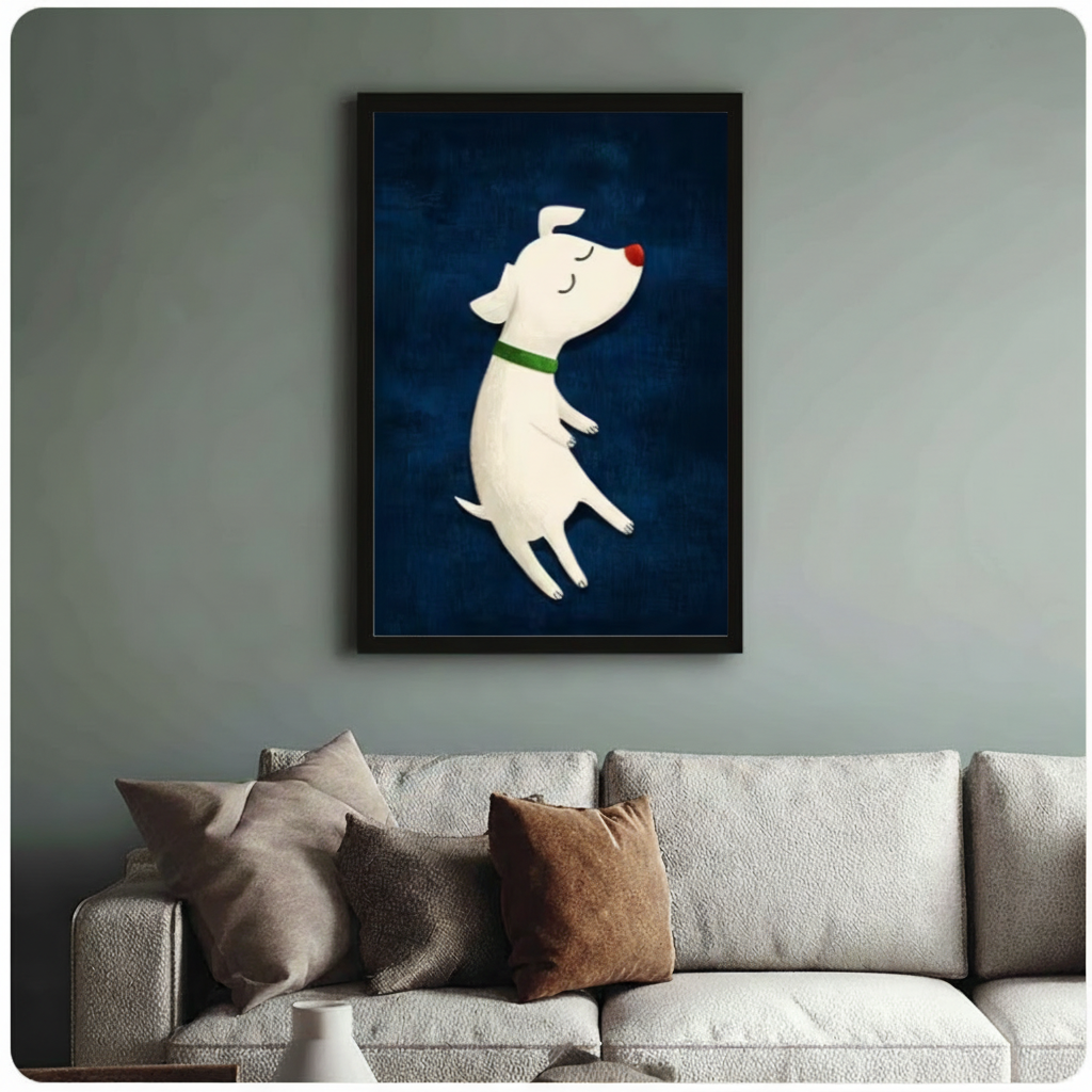 Framed cute cartoon illustration white dog with red nose and green collar floating with eyes closed on deep navy blue textured background canvas print above cream sofa on sage blue-grey wall - whimsical dreamy white puppy floating wall art with rich navy background for stylish living room decor