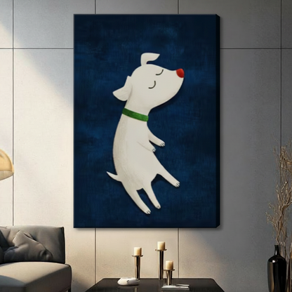 Unframed cute cartoon illustration white puppy with red nose and green collar drifting peacefully with eyes closed on deep navy blue textured background canvas print on dark grey tile wall in contemporary living room - adorable dreamy white dog floating wall art with moody navy background for modern interior decor