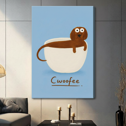 Cwoofee dachshund coffee cup canvas print hung in contemporary living room without frame