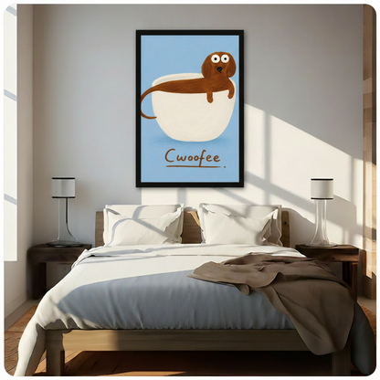 Cwoofee dachshund in coffee cup framed wall art print above bed in bright Scandinavian bedroom