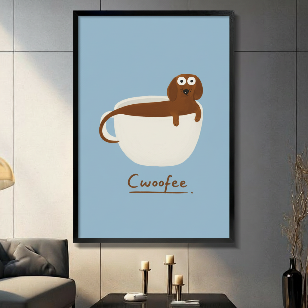 Framed Cwoofee dachshund in coffee cup wall art print displayed in modern dark interior living room