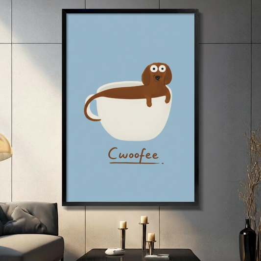 Framed Cwoofee dachshund in coffee cup wall art print displayed in modern dark interior living room