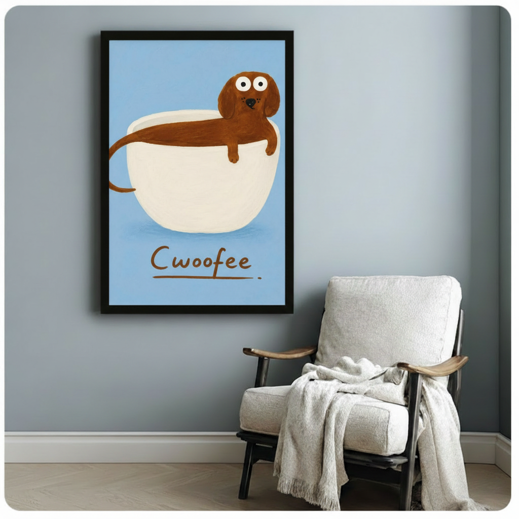 Cwoofee cute dachshund in coffee cup framed poster art on light grey wall beside armchair