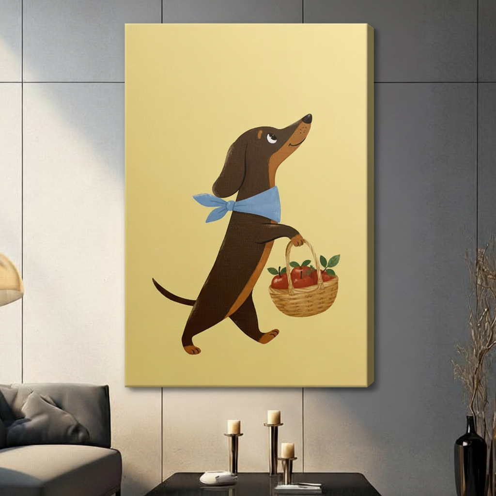 Gallery-wrapped canvas print of a whimsical dachshund holding a wicker fruit basket on a warm yellow background, styled in a contemporary living room setting