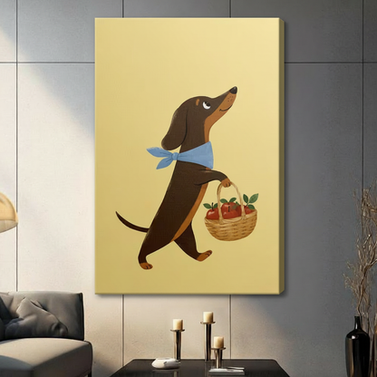 Gallery-wrapped canvas print of a whimsical dachshund holding a wicker fruit basket on a warm yellow background, styled in a contemporary living room setting