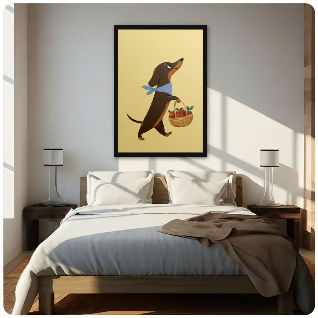 Framed dachshund wall art above a modern bedroom bed with white linen bedding, wooden nightstands, and table lamps, featuring a cheerful illustrated dog with fruit basket