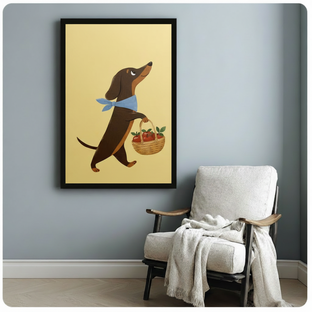 Black framed dachshund art poster with blue bandana and apple basket on yellow background, hung above a white linen armchair with a cozy throw blanket