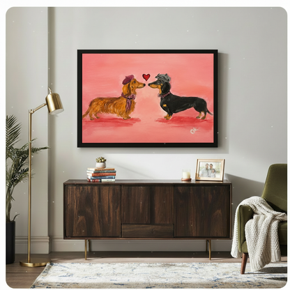 Framed dachshund painting displayed above a dark wood sideboard in a contemporary living room