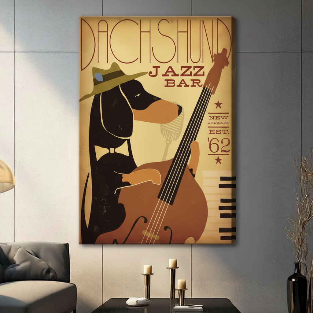 Gallery wrap canvas of dachshund jazz bar vintage poster — retro dog playing double bass in fedora hat, New Orleans music wall art