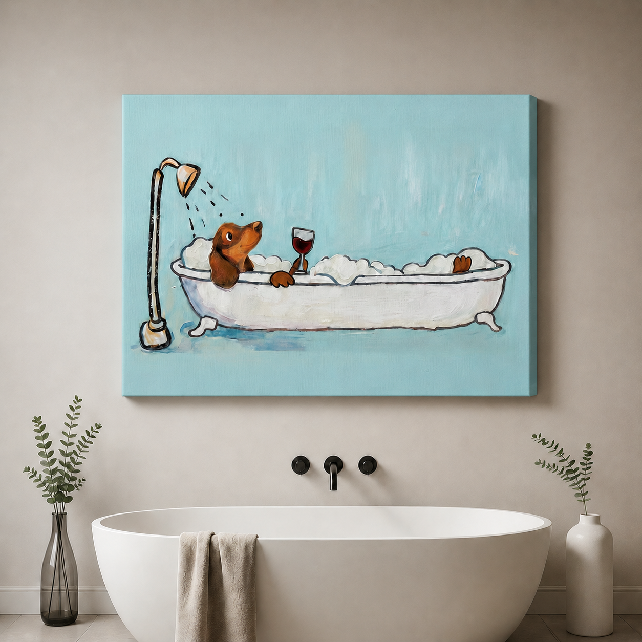 Dachshund bath wine wall art with black float frame displayed on grey wall – funny dog canvas print for modern home decor