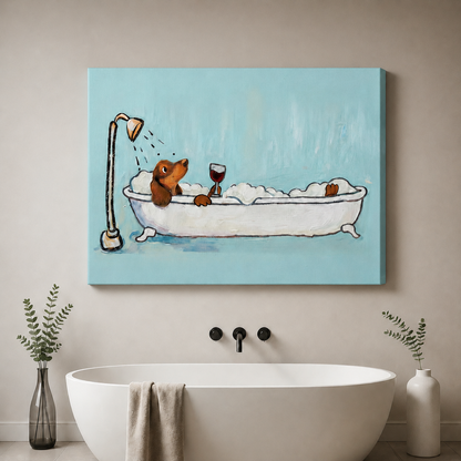 Dachshund bath wine wall art with black float frame displayed on grey wall – funny dog canvas print for modern home decor
