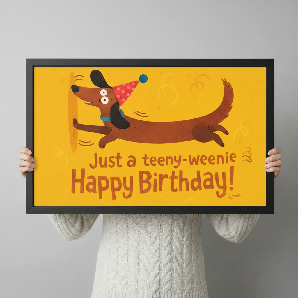 Person in white sweater holding framed dachshund happy birthday wall art print showing actual size reference
