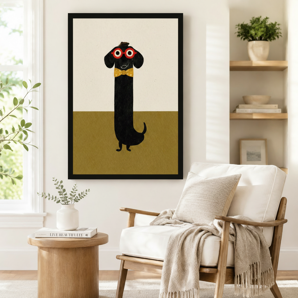 Quirky dachshund in red glasses and yellow bow tie framed canvas wall art beside white linen armchair in cozy Japandi-style reading nook