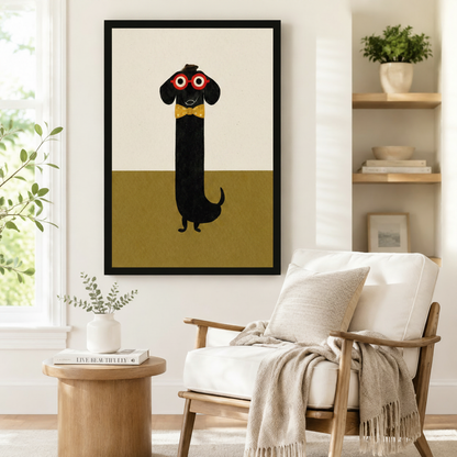 Quirky dachshund in red glasses and yellow bow tie framed canvas wall art beside white linen armchair in cozy Japandi-style reading nook