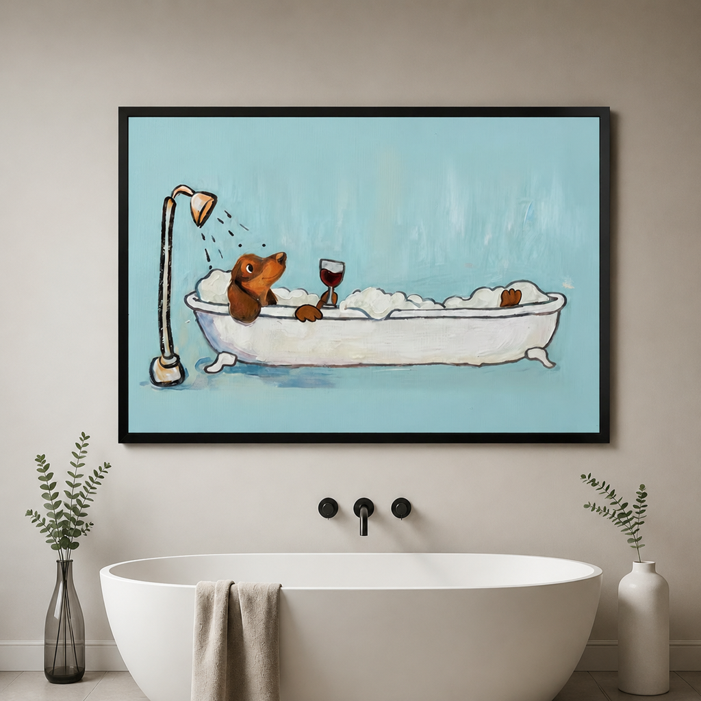 Dachshund bubble bath wine canvas wall art – wiener dog relaxing in clawfoot tub holding red wine glass, sky blue background, framed canvas print