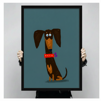 Close-up hand-held view of a black framed canvas print showing a whimsical dachshund illustration on a teal blue background