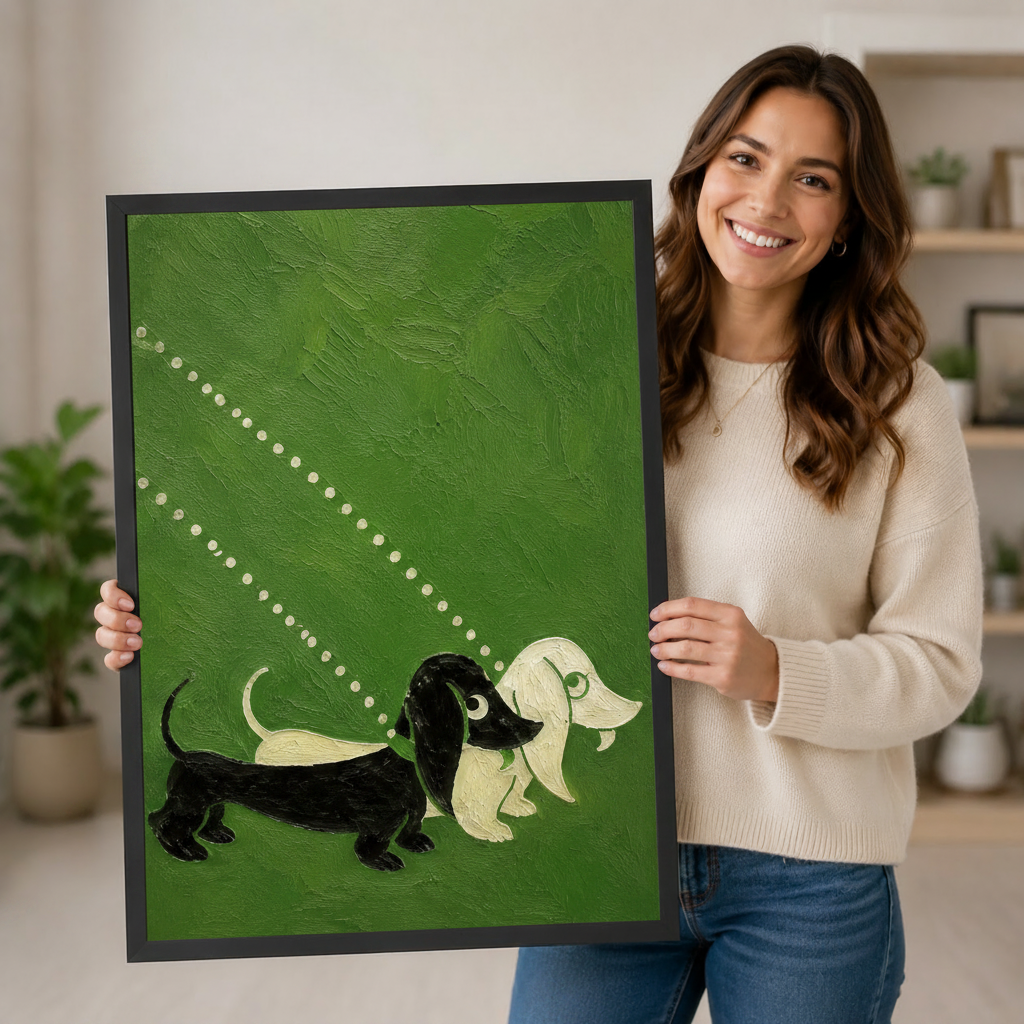 Woman holding a framed dachshund dog canvas print showing scale, black and cream dogs on textured green background, ready to hang wall art