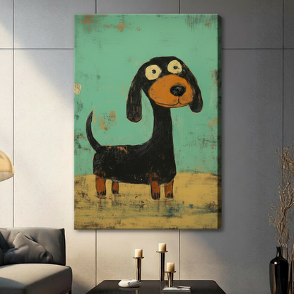 Large dachshund canvas wall art without frame in contemporary living space — oversized whimsical sausage dog on distressed teal background, gallery statement piece