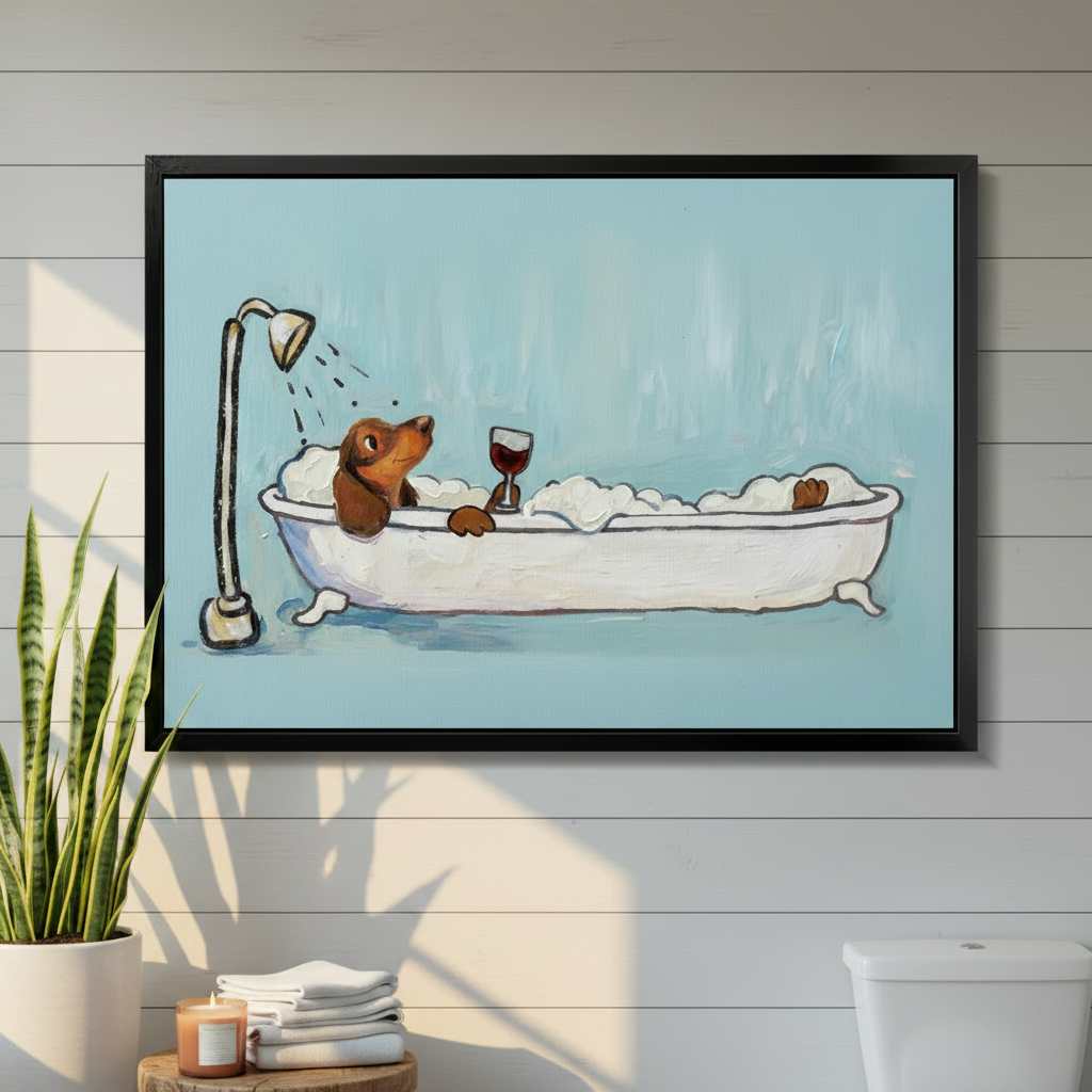 Dachshund canvas wall art hung in bright white shiplap bathroom with freestanding bathtub and green plant – minimalist bathroom decor