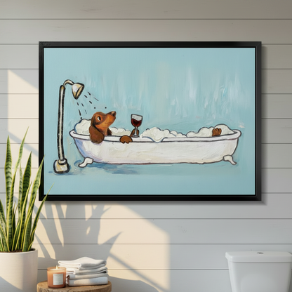 Dachshund canvas wall art hung in bright white shiplap bathroom with freestanding bathtub and green plant – minimalist bathroom decor
