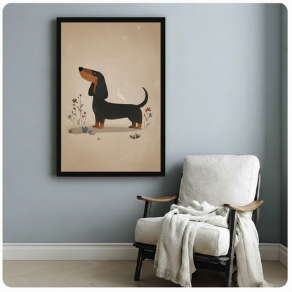 Wiener dog minimalist canvas art in black frame on blue-gray wall beside white armchair in cozy reading nook