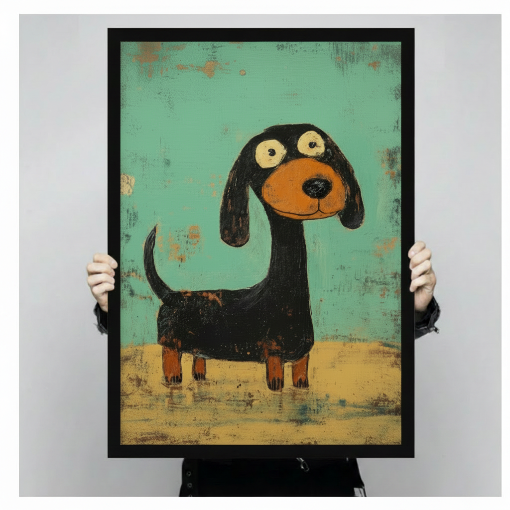 Framed dachshund canvas print held up for size — quirky long-neck wiener dog portrait with big eyes, retro teal oil painting wall art