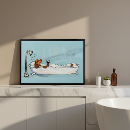 Dachshund bubble bath canvas print leaning against natural oak bathroom sideboard – gallery wrap wall art for bathroom styling