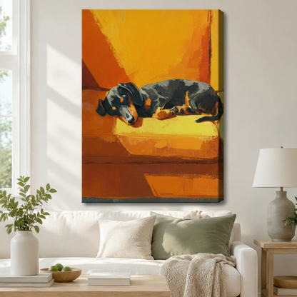 Expressive oil style dachshund stretched canvas print above white sofa in bright American living room