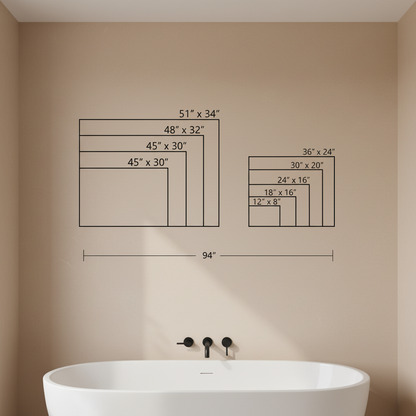 Size guide for dachshund bubble bath canvas wall art – all available sizes from 12x8 to 51x34 inches shown in bathroom setting