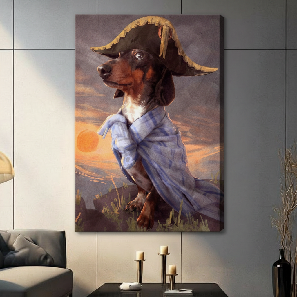 Vintage oil painting portrait of a confident black and tan dachshund dog shown from the waist up looking sideways with a proud commanding expression wearing a wide-brimmed black tricorn pirate captain hat with decorative gold yellow fringe trim along the brim edge and dressed in a loosely draped open-collar light blue and white plaid linen shirt billowing in the breeze set against a dramatic warm orange and amber sunset sky with low dark clouds and a large glowing orange sun on the horizon above a silhouett