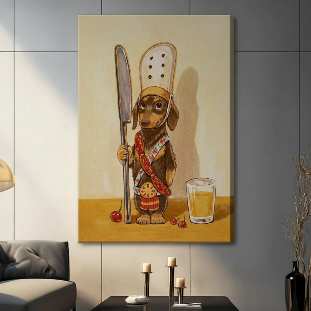 Whimsical dachshund chef stretched canvas print on gray tile wall — funny sausage dog wall art for eclectic and farmhouse home decor