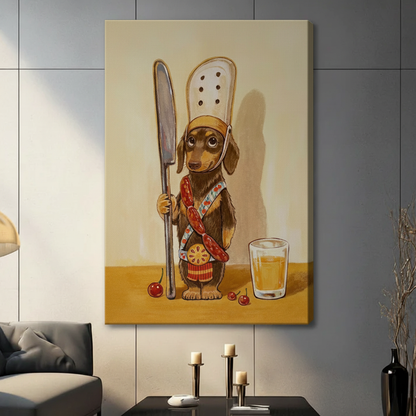 Whimsical dachshund chef stretched canvas print on gray tile wall — funny sausage dog wall art for eclectic and farmhouse home decor