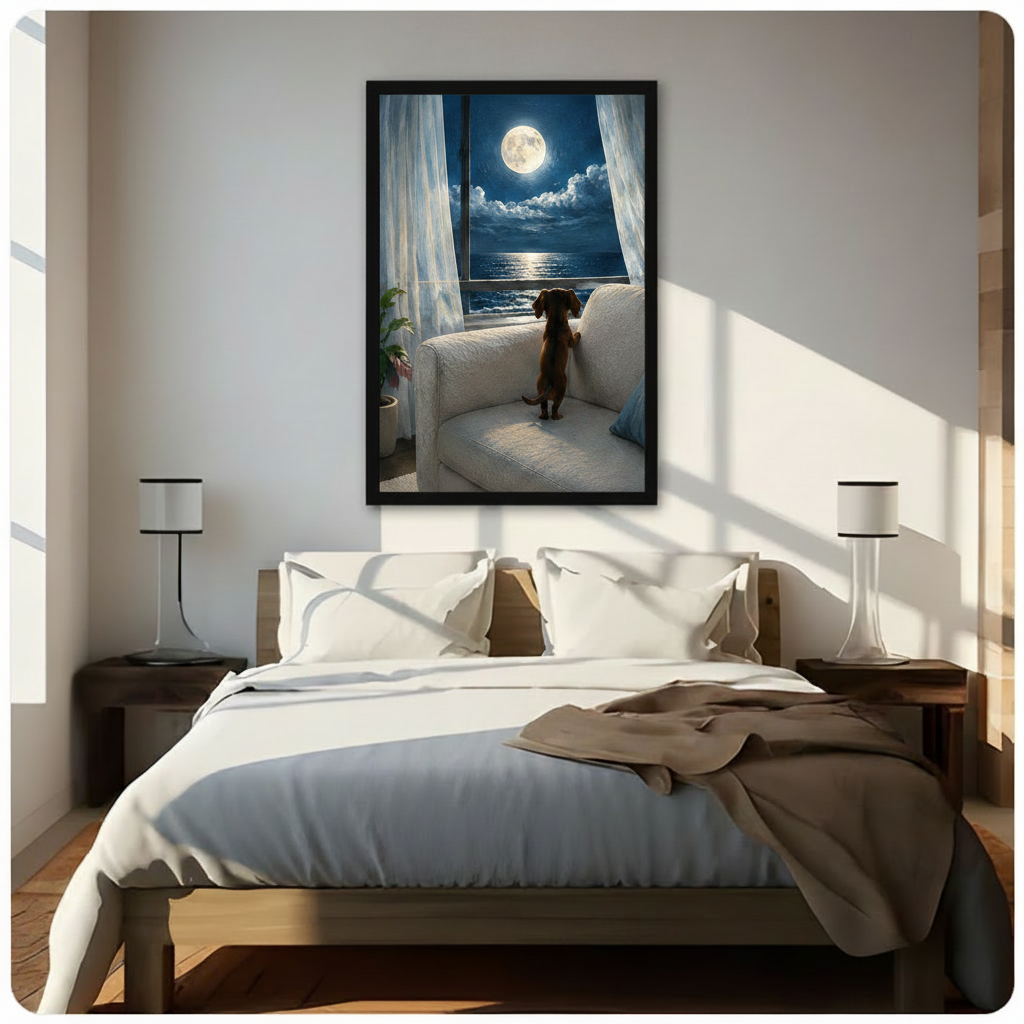 Framed dachshund wall art hung above a bed, depicting a small dog gazing at a luminous full moon over a calm nighttime ocean