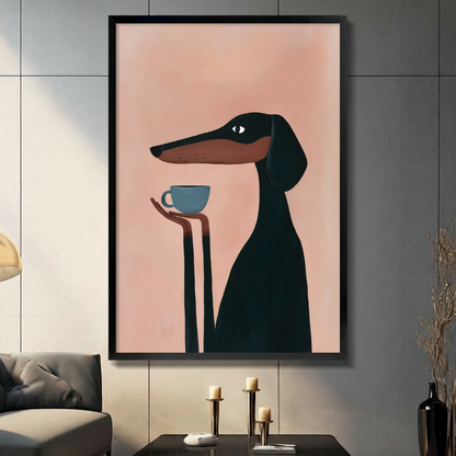 Dachshund coffee canvas wall art – elegant black dog holding a cup on blush pink background