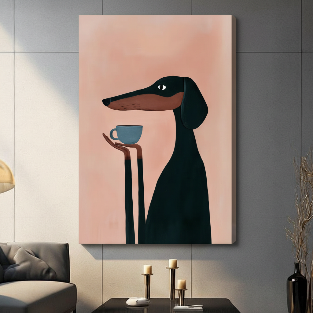 Funny dachshund canvas print – modern flat illustration of black dog with coffee for living room wall decor