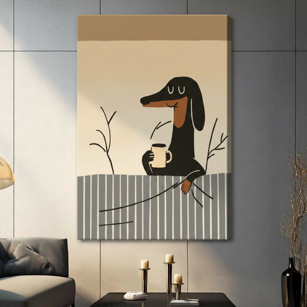 Frameless canvas wall art of a cartoon dachshund with coffee cup in warm beige and grey tones, hung in a contemporary living room