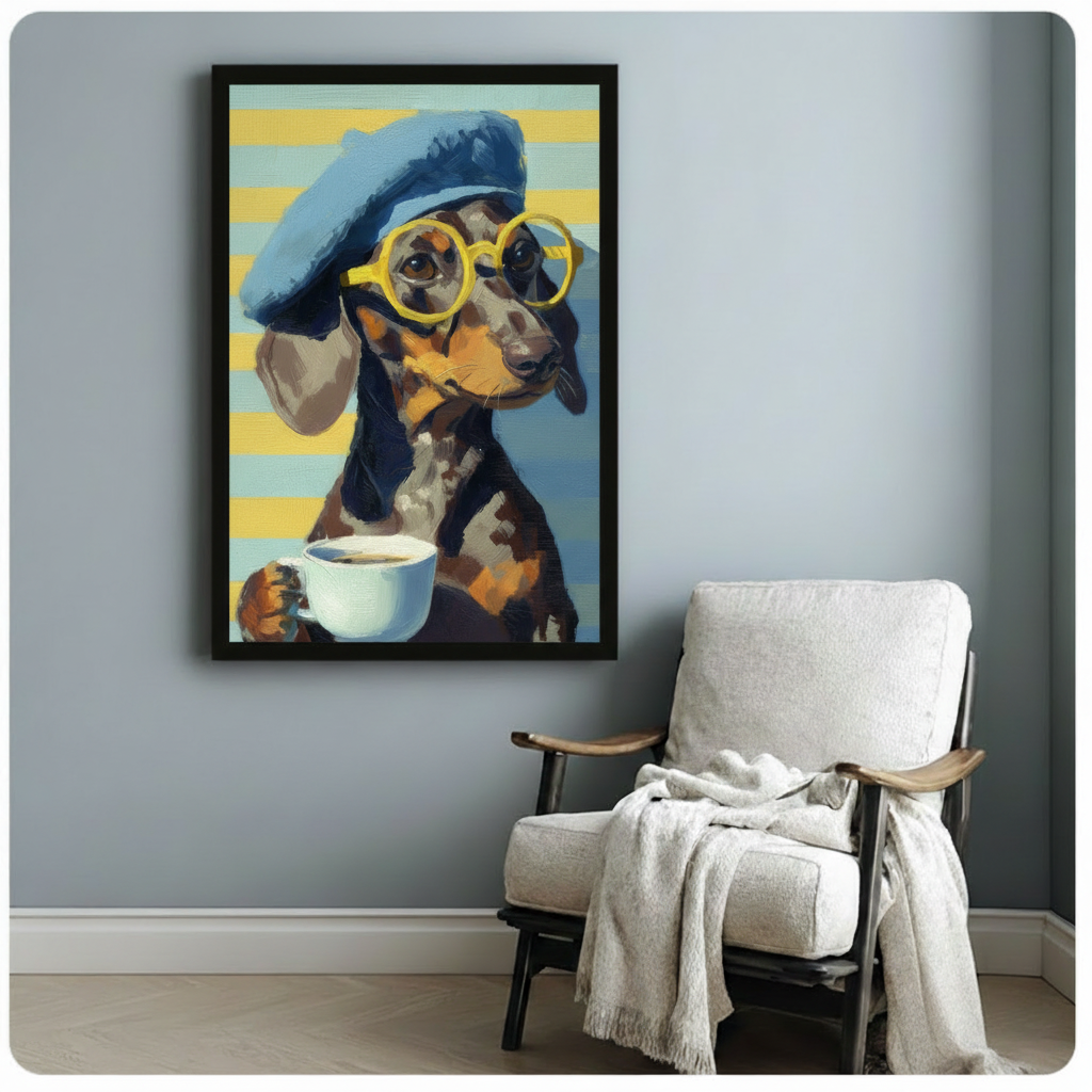 Dachshund coffee canvas wall art above a white armchair, showing a stylish dog wearing glasses and a beret