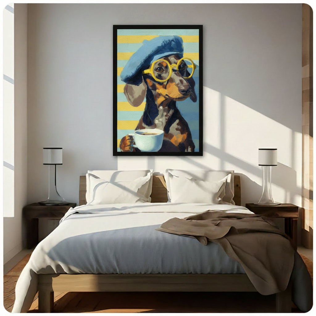 Dachshund coffee canvas wall art displayed above a bed, featuring a dog with yellow glasses and a warm coffee cup