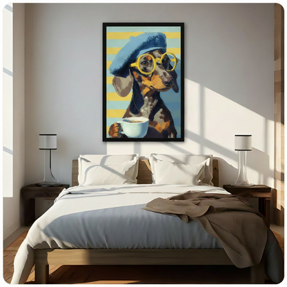 Dachshund coffee canvas wall art displayed above a bed, featuring a dog with yellow glasses and a warm coffee cup