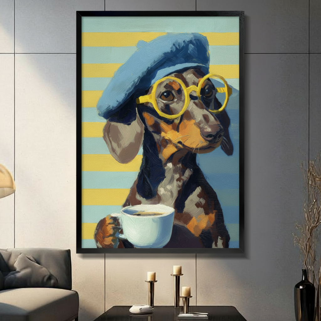 Dachshund coffee canvas wall art featuring a beret, round glasses, and coffee cup in a modern living room