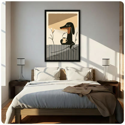 Whimsical dachshund coffee wall art in black frame hung above a bed in a bright minimalist bedroom with natural morning light