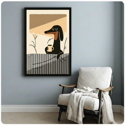 Cute dachshund coffee art in black frame beside a linen armchair on a blue-grey wall, cozy Scandinavian interior style