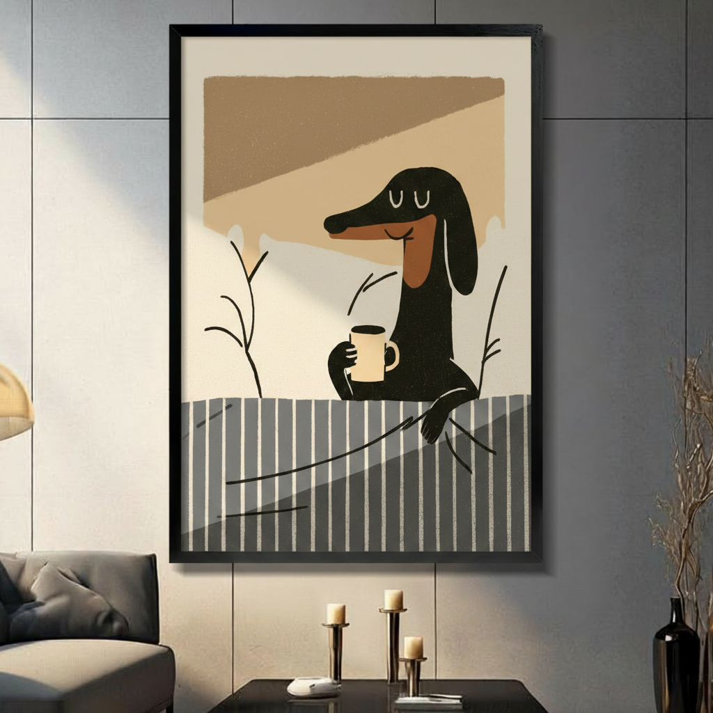Minimalist dachshund holding coffee mug framed wall art print displayed in a moody dark living room with candlestick decor
