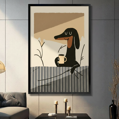 Minimalist dachshund holding coffee mug framed wall art print displayed in a moody dark living room with candlestick decor