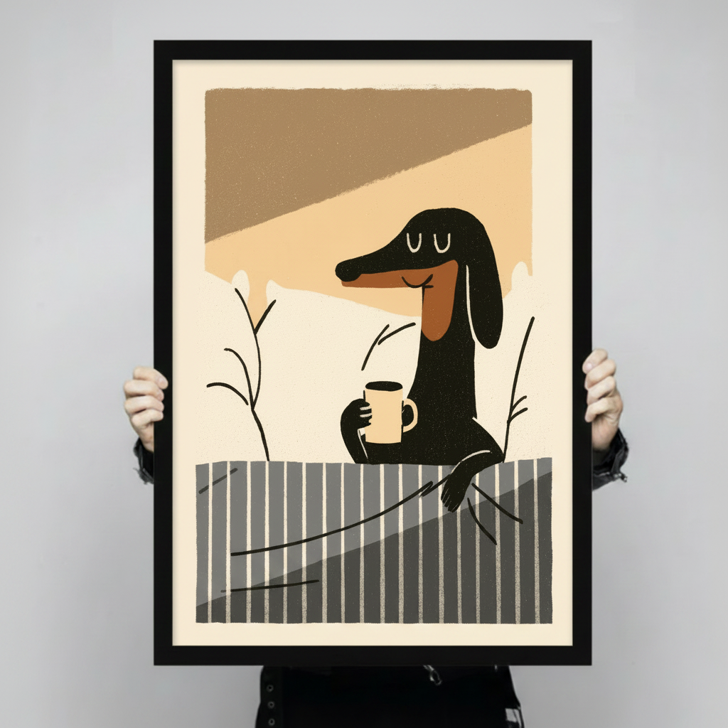 Person holding large framed dachshund with coffee mug wall art print showing scale, minimalist illustration in black and tan