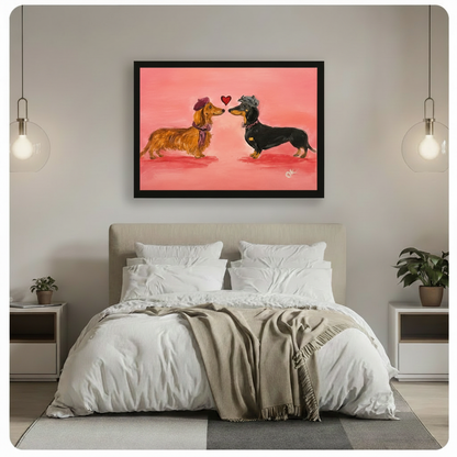 Pink dachshund love canvas art hanging above a bed in a modern bedroom setting