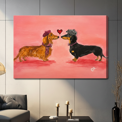 Unframed canvas wrap of two dachshunds facing each other with a red heart on pink background