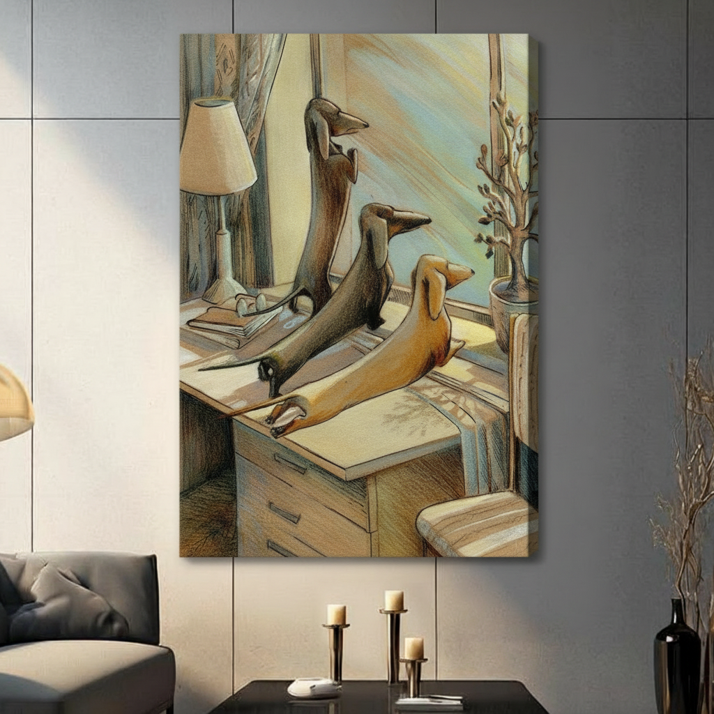 Stretched canvas gallery wrap featuring illustrated dachshunds resting on a cozy retro desk, earthy warm palette, hung in a contemporary living space