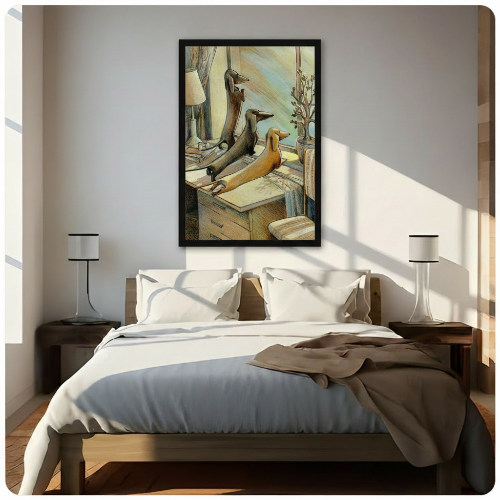 Framed dachshund illustration wall art hung above a bed in a bright Scandinavian bedroom, two wiener dogs on a retro dresser, soft warm tones