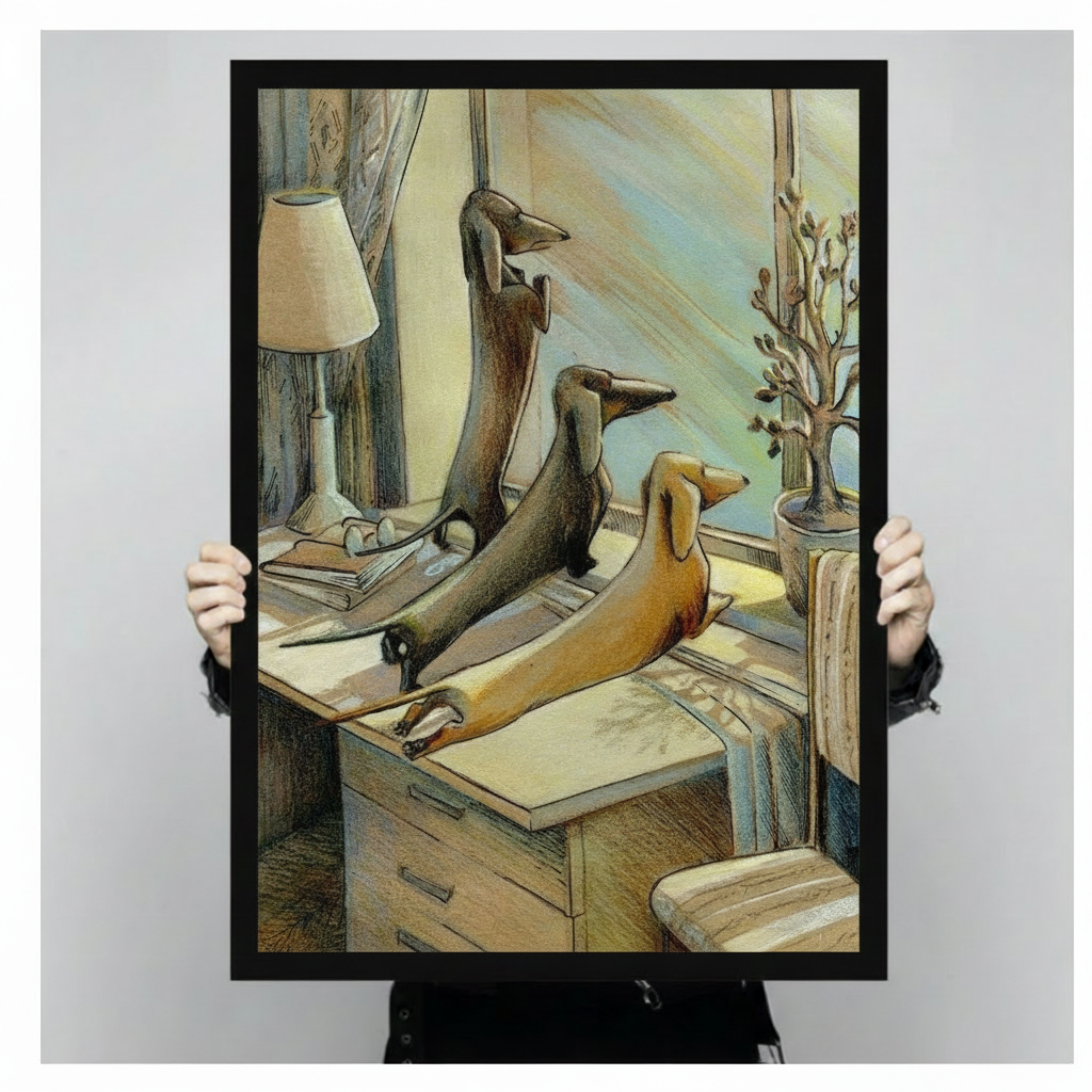 Close-up hand-held view of a black framed dachshund wall art print, illustrated dogs lounging on a vintage desk, warm golden illustration style